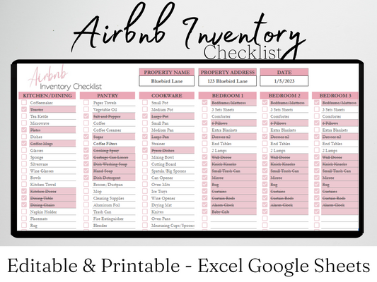 Airbnb Inventory Checklist Template Google Sheets Excel Spreadsheet